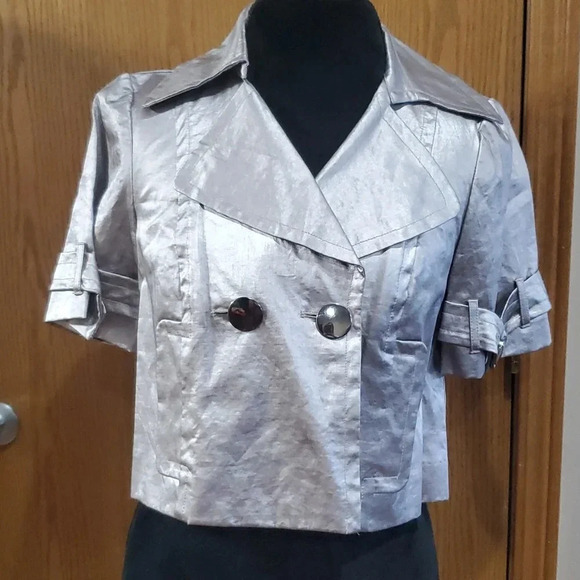 Trina turk cropped purple pink silver metallic short sleeve coated linen jacket - Picture 1 of 6